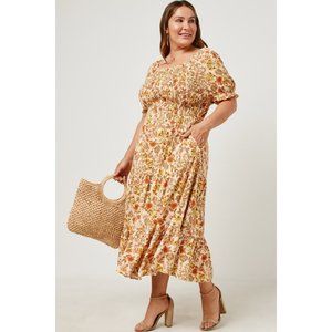 Hayden Floral Midi Dress in Orange and Cream